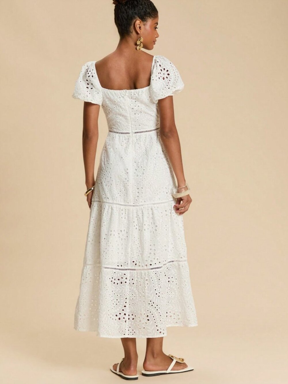 White Boho Women's Embroidered Twist Ruched Long Dress - Picture 3 of 7
